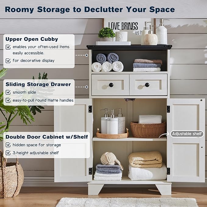 ACCOHOHO Bathroom Floor Cabinet, Farmhouse Storage Cabinet, 24" Wide Cabinet with Drawer, Adjustable Shelf, Barn Doors, Cabinets for Bathroom, Kitchen, Living Room, Off White