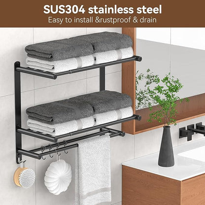 Adjustable 16.9–28" Matte Black Towel Rack for Bathroom SUS304 Stainless Steel 2-Tier Shelf with Extended Bar & 4 Sliding Hooks, Adhesive or Screw Mount, Bathroom/Over-Toilet Organizer