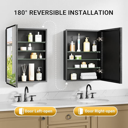 40x30 Pre-Assembled Black Medicine Cabinet with Mirror, Surface or Recessed Medicine Cabinet Mirror for Bathroom, Aluminum Beveled Frame Bathroom Vanity Mirror with Adjustable Shelves Storage