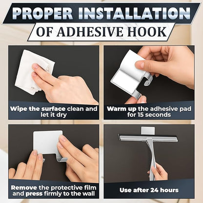 12 Inch Silver All-Purpose Stainless Steel Shower Squeegee for Shower Glass Door with 2 Hooks (Adhesive & Regular), Bathroom Cleaner Tool, Window & Mirror Squeegee for Tile Walls, Car Glass Surfaces
