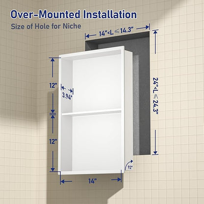 Stainless Steel Shower Niche 14"×24" White with 2-Tier Shelf No Tiled Needed Niche Shower for Bathroom Wall Recessed Shower Shelf for Bathroom Storage
