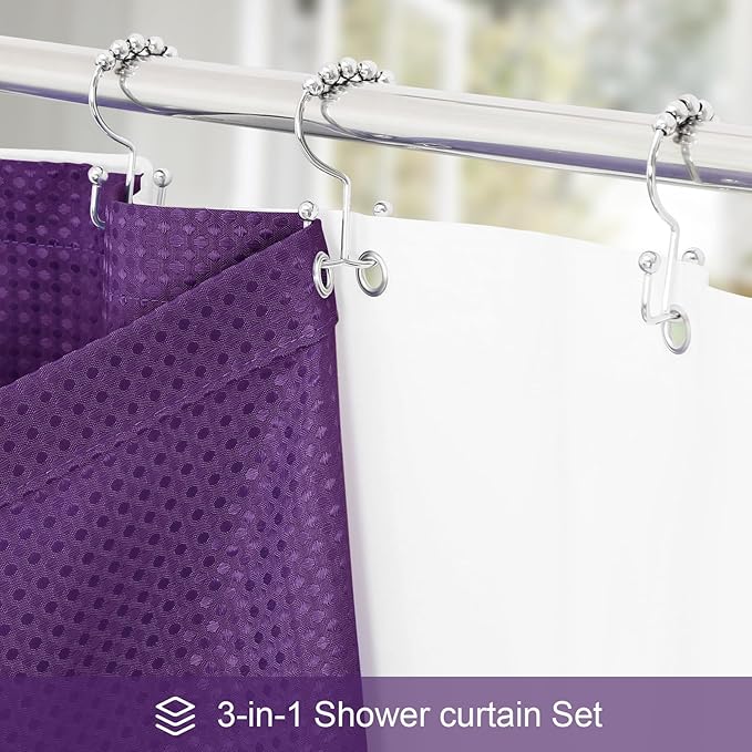 3 in 1 Extra Long Purple Shower Curtain Set-72 W x 84 H, Modern Waffle and PEVA Liner Set with 12 Stainless Steel Hooks, Waterproof Fabric for Bathroom