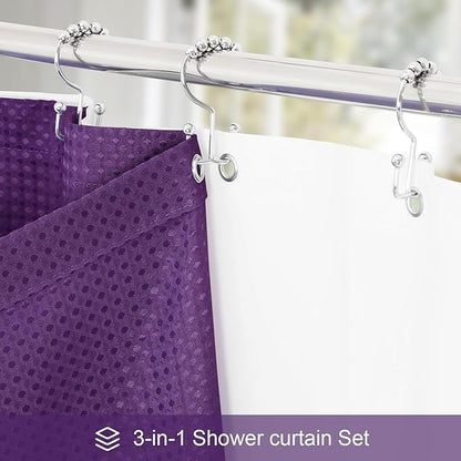 3 in 1 Extra Long Purple Shower Curtain Set-72 W x 84 H, Modern Waffle and PEVA Liner Set with 12 Stainless Steel Hooks, Waterproof Fabric for Bathroom