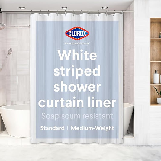 CLOROX Shower Curtain Liner, Premium Striped Medium-Weight Durable Waterproof 6g PEVA for Bathroom with Weighted Magnets, Printed Standard Size 72" x 72", White