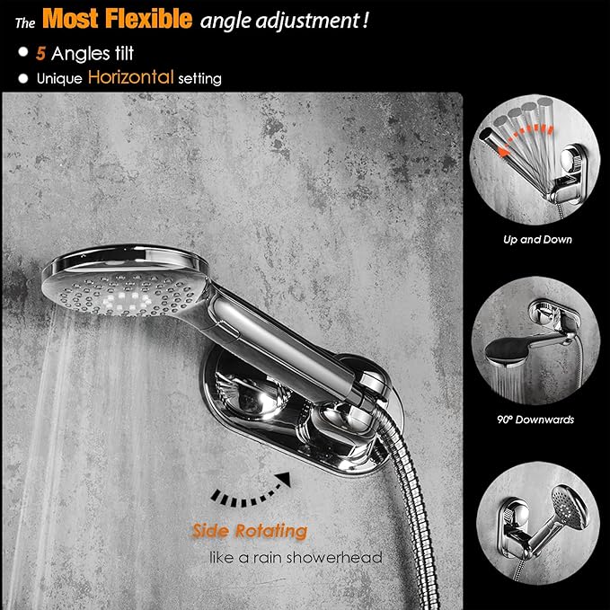 Suction cup Handheld Shower Head Holder - Designed For Large Shower Head - Relocatable - 5 Angles Adjustable - Horizontal Setting - - Wider Input - Wall mounted with Vacuum Power (Polished Chrome)