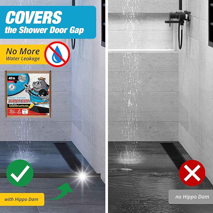 Shower Threshold Water Dam Barrier 40" - Black Collapsible Shower Water Blocker - Guard for Walk in Shower - Water Guard Stopper for Floor - Shower Door Water Blocker - Triangular - By Hippo Dam