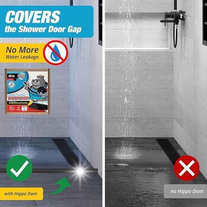 Shower Threshold Water Dam Barrier 40" - Black Collapsible Shower Water Blocker - Guard for Walk in Shower - Water Guard Stopper for Floor - Shower Door Water Blocker - Triangular - By Hippo Dam