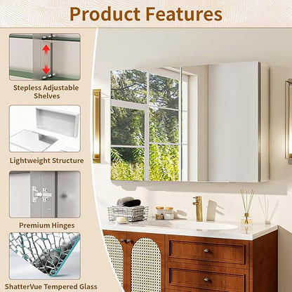 BEAUTYPEAK 40 x 26 Inch Medicine Cabinet with Mirror, Wall Mounted Bathroom Mirror Cabinet, Medicine Cabinet Mirror with Storage & Adjustable Shelves