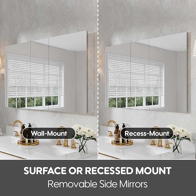 WELLFOR 52" x 30" Rectangle Medicine Cabinet Mirror, Surface Mount or Recessed Medicine Cabinet with Tempered Mirror, Anodized Chrome Aluminum Frame, Bathroom Mirror with Storage