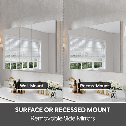 WELLFOR 52" x 30" Rectangle Medicine Cabinet Mirror, Surface Mount or Recessed Medicine Cabinet with Tempered Mirror, Anodized Chrome Aluminum Frame, Bathroom Mirror with Storage