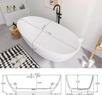 SJ STAR&JANE 71" x 35" SJ STAR&JANE Solid Surface Freestanding Bathtub Stone Resin Oval Soaking Tub Stand Alone Tub with Pop-up Drain & Overflow Matte White