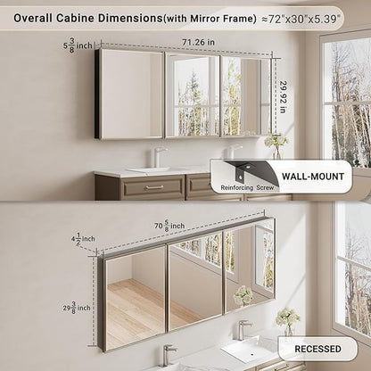 Pre-Assembled Surface or Recessed Medicine Cabinet Mirror-72x30 Brushed Nickel Bathroom Medicine Cabinet with Mirror & Rustproof Aluminum Frame, Beveled Bathroom Vanity Mirror with Storage
