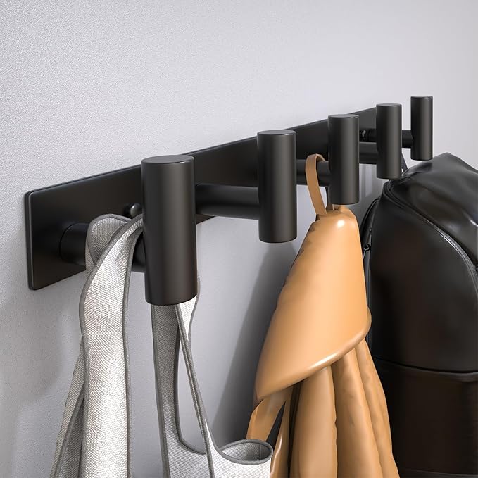 Coat Rack Wall Mounted with 5 Hooks,Heavy Duty Stainless Steel Wall Hooks for Towel Coat Bag, Hat Rack Coat Hanger Coat Hooks Towel Racks for Bathroom Entryway Kitchen Hotel (Black, 2 Packs)