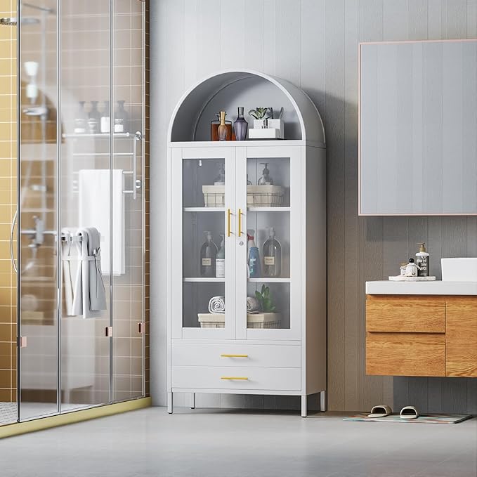 73''H Arched Kitchen Pantry Cabinets with 2 Drawers, Metal Arch Bookcase with Glass Door for Home Office, Assemble Require, White