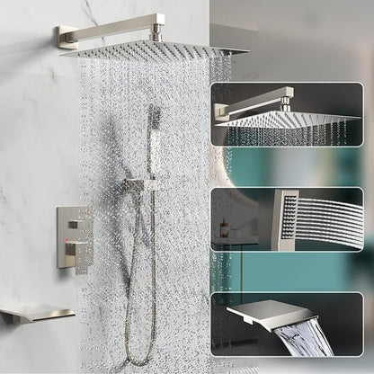 Rain Shower System 12 inch Shower Faucet Set with Tub Spout,Bathroom Wall Mounted Waterfall Shower Head Faucet Sets Complete with Handheld Spray,Rough-in Valve Body and Trim kit,Brushed Nickel