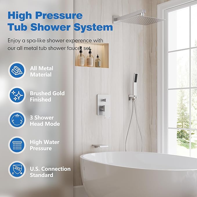 Shower System with Tub Spout, All Metal Tub Shower Faucet Set with 12-Inch Rain Shower Head and Handheld Spray combo, Wall Mounted Shower Combo Set with shower valve and Trim kit,Brushed Nickel