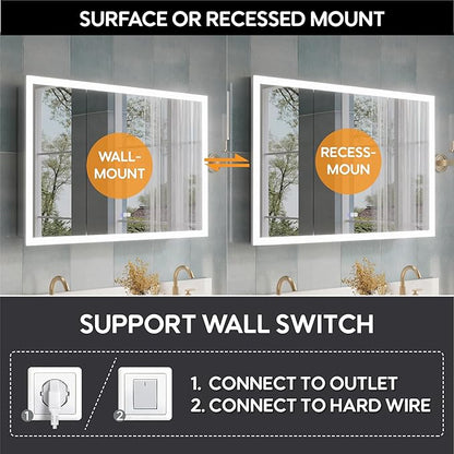 WELLFOR 48 x 32 Inch LED Medicine Cabinet with Lights, 3X Magnification Makeup Mirror, Bathroom Vanity Mirror Cabinet with Storage, Defogging Function, LED Medicine Cabinet Mirror, Three Opening Doors