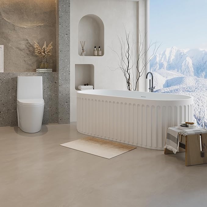67" Freestanding Solid Surface Bathtub, Luxury Engineered Stone Resin Freestanding Soaking Bathtub with Overflow and Pop-up Drain cUPC Certified, Matte White