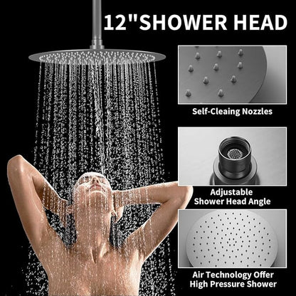 Brushed Nickel Shower System 3-Function Ceiling Shower Faucet Set with 12" and 8" Rainfall Dual Shower Head and Handheld Shower with Adjustable Slide Bar, Full Body Shower System Fixture