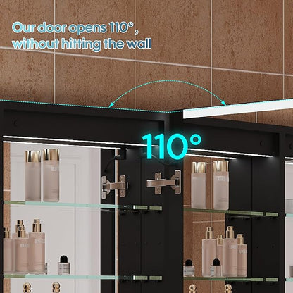 WELLFOR 60" X 30" LED Mirrored Medicine Cabinet, Medicine Cabinets with Lights for Bathroom, Defogging Function Mirror Cabinet, Bathroom Medicine Cabinet with USB Port & Outlet, Three Opening Doors