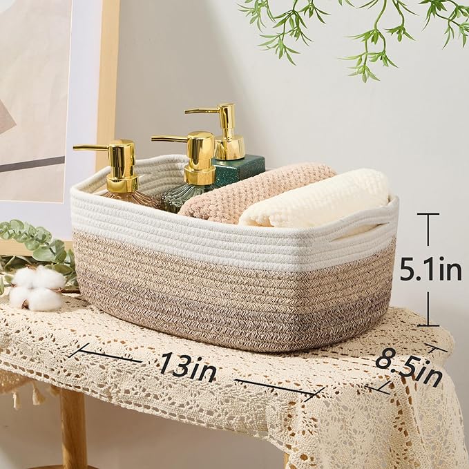 Small Storage Baskets for Organizing | Closet Organizer Bins | Shelf Toy Basket | Woven Rope Baskets | Cube Decorative Box | Shallow Basket | 13x8.5x5.1” | 3 Packs Gradient Brown