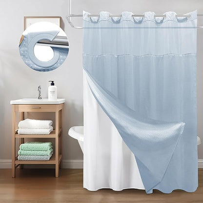 Inhousolu Extra Long No Hook Shower Curtain with Snap in Fabric Liner Set Waffle Weave 230GSM Weighted Hem, Waterproof & Washable Bathroom Curtain Spa Luxury with Mesh Top Window 72"W x 84"L Fog Blue