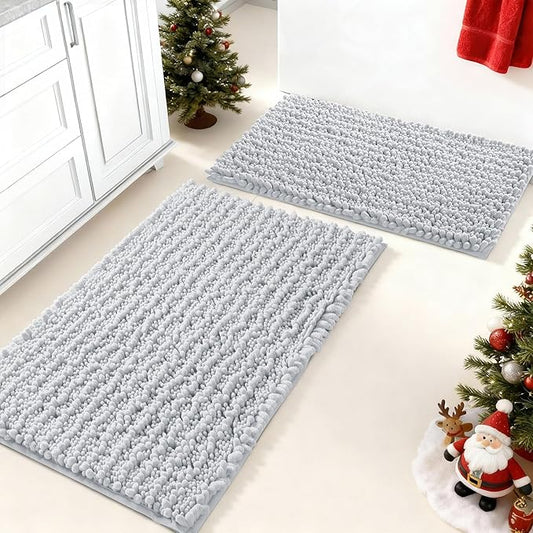 Yimobra Bathroom Rugs Sets 2 Piece - Quick Dry Extra Thick Luxury Chenille Bath Mat, Non Slip Super Absorbent for Tub Shower Sink, Machine Washable Shaggy Floor Mat, 32"x20"+24"x17" Inch, Silver