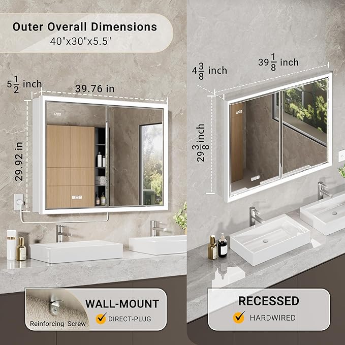 40x30 Beveled Lighted Medicine Cabinet with Mirror & Lights, Surface or Recessed Mirrored Medicine Cabinet with Outlet & Clock, Anti-Fog Dimmable LED Storage Cabinet, Built-in Sensor Light