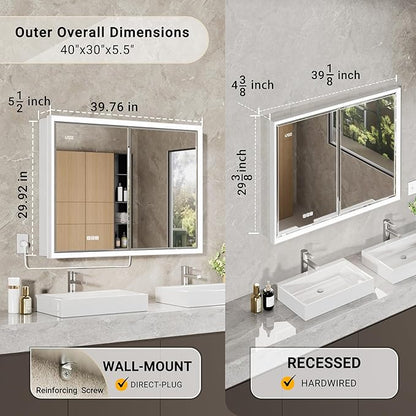 40x30 Beveled Lighted Medicine Cabinet with Mirror & Lights, Surface or Recessed Mirrored Medicine Cabinet with Outlet & Clock, Anti-Fog Dimmable LED Storage Cabinet, Built-in Sensor Light