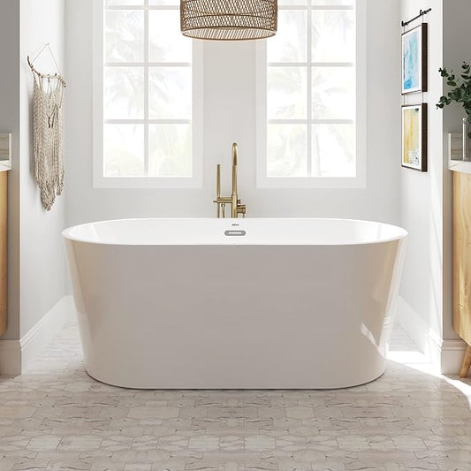 FerdY Shangri-La 59" Acrylic Freestanding Bathtub, Classic Oval Shape Acrylic freestanding tub Modern White, cUPC Certified, Chrome Drain and Classic Slotted Overflow Included