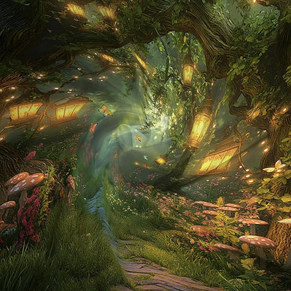 Fantasy Forest Path Shower Curtain Fairy Magical Enchanted Misty Jungle Mushroom Floral Tree Butterfly Lantern Wonderland Plant Bath Curtain Fabric Bathroom Accessories Decor with Hooks 70W x84L