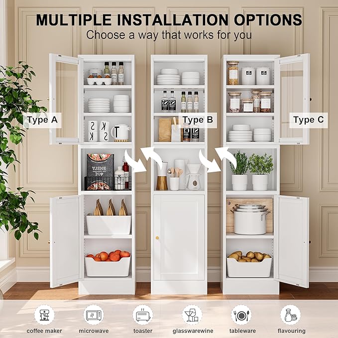 Narrow Glass Door Storage Cabinet Tall Metal Storage Cbinets with 4 Adjustable Shelves Freestanding 5 Tier Slim Pantry Cabinet for Kitchen Office Small Space