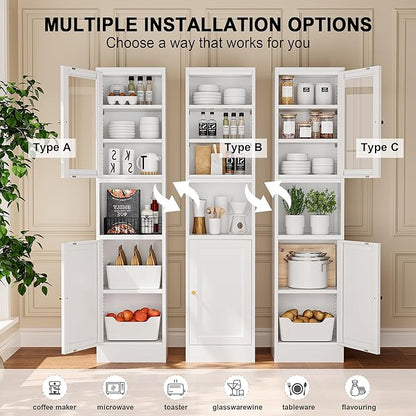 Narrow Glass Door Storage Cabinet Tall Metal Storage Cbinets with 4 Adjustable Shelves Freestanding 5 Tier Slim Pantry Cabinet for Kitchen Office Small Space