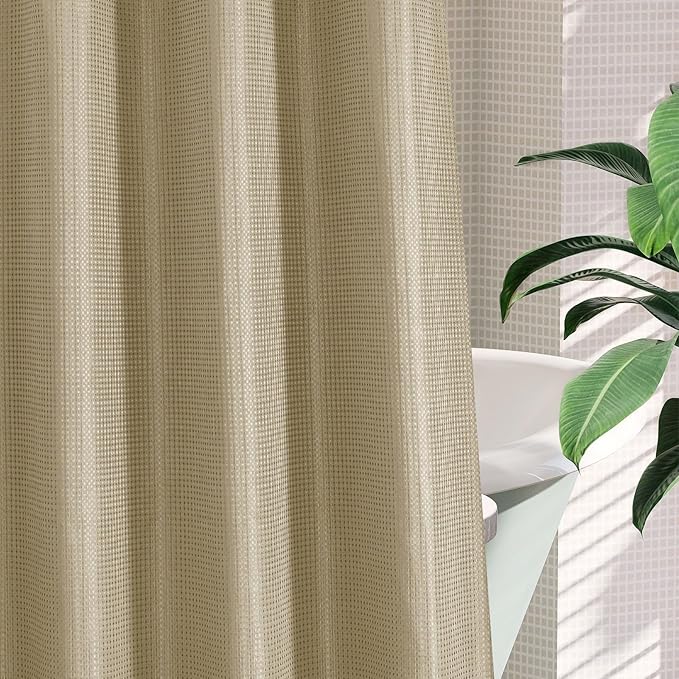 MitoVilla Beige Waffle Small Stall Shower Curtain Liner Set 36 x 74, No Hooks Required Half Size Narrow Fabric Cloth Shower Curtain Set with Snap-in Liner for Modern Bathroom Decor, Beige/Khaki