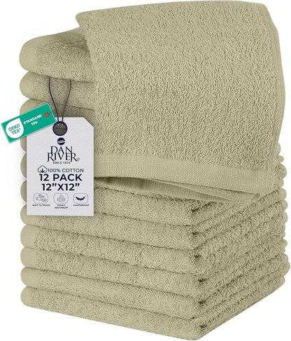 DAN RIVER 12 Pack Wash Cloths for Showering [12x12] - 100% Cotton Washcloths Premium Quality Flannel Face Cloths for Bathroom, Highly Absorbent and Soft Feel Wash Clothes, Beige