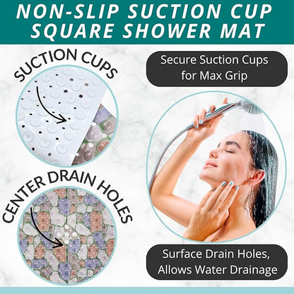 ENKOSI Square Shower Mat 21x21 inch - Anti Slip Shower Stall Floor Mat - Non Slip Shower Mats with Strong Secure Suction Cups and Drain Holes in Middle (21x21 Stone Path)