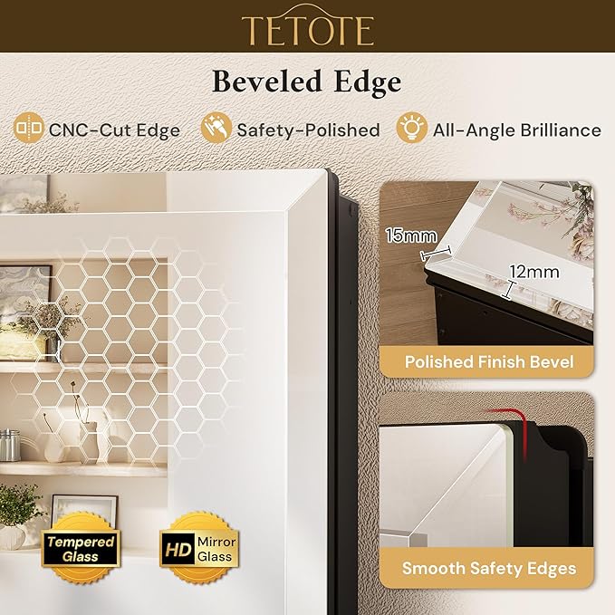 TETOTE 15 x 26 Medicine Cabinet with Tempered Beveled Mirror Black Bathroom Mirror with Storage Aluminum Cabinet DTC Hinges, Stepless Adjustable Shelves, Recessed/Surface-Mounted
