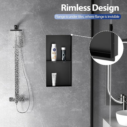 Stainless Steel Shower Niche 12" X 24", No Tile Needed Wall Niche Shower with Double Shelves, Recessed Shower Shelf for Bathroom Storage, Matte Black