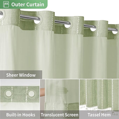 No Hook Long Shower Curtain Set with Snap-in Fabric Liner,Linen Ultra Thick Fabric with Tassels,Boho Chic Modern Farmhouse Country Neutral Cloth Shower Curtains for Bathroom,Sage Green,71x80
