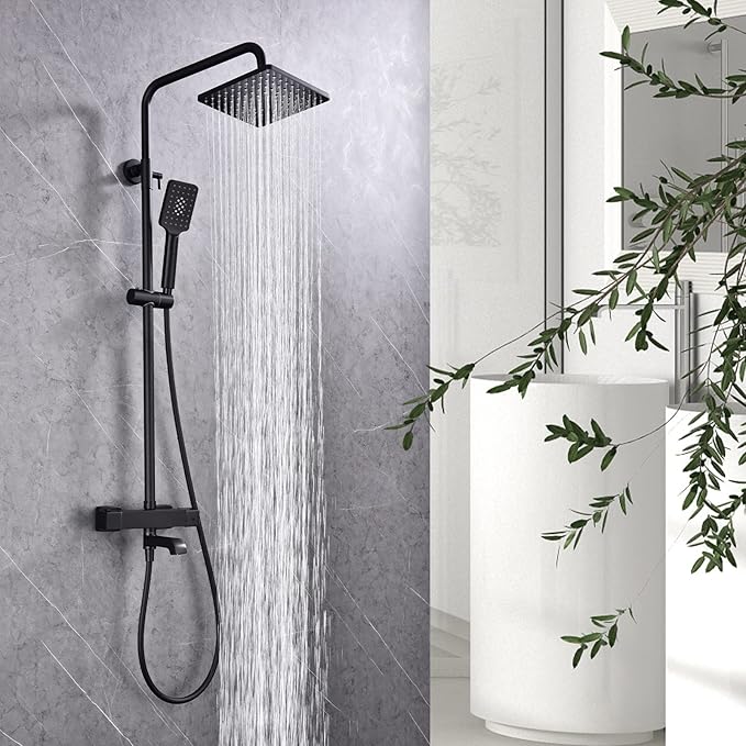 Outdoor Shower Faucet Set 8" Square Shower Head 3 Function Thermostatic Rainfall Shower Fixtures, Handheld Sprayer Tub Spout with Constant Temperature with Height Adjustable Slide Bar