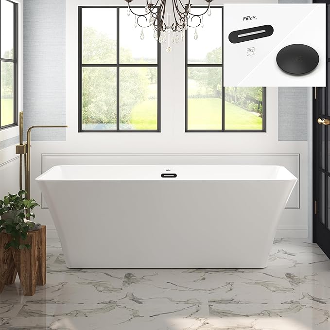FerdY Sentosa 67" Acrylic Freestanding Bathtub, Contemporary Design Soaking Tub with Matte Black Drain and Matte Black Overflow, Easy to Install