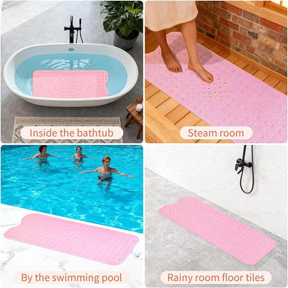 Anti-Slip Bathtub Shower mat, 39.3×15.7 inch（Approximately 100 × 40cm） Soft Oversized Machine Washable Non-Slip Bathtub mat with Drainage Holes, Bathroom Floor Suction Cup.（1-Clear Pink）