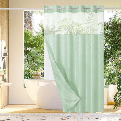 Gibelle No Hook Waffle Weave Shower Curtain with Snap-in Fabric Liner Set for Bathroom, Hotel Style with Mesh Top Window, Waterproof & Washable, Mint Green, 72x74