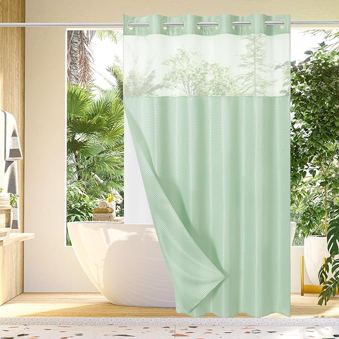 Gibelle Extra Long Shower Curtain 72x86, Waffle Weave Bathroom Shower Curtain with Snap-in Fabric Liner Set, No Hooks Needed, Hotel Style with Mesh Top Window, Mint Green