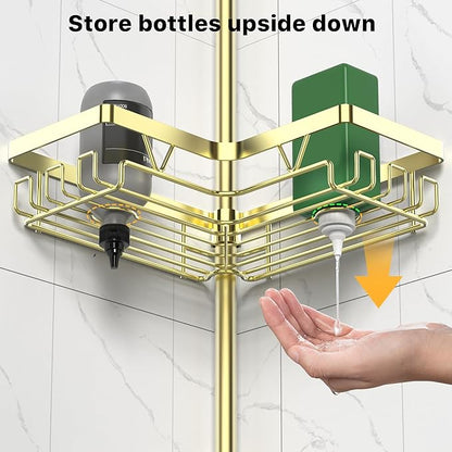 Shower Caddy Tension Pole with 2 Soap Holders, Adjustable Corner Shower Caddy, Gold Finish, Expandable 25-114.2 Inches for Bathtub Corner, Bathroom Storage Organizer