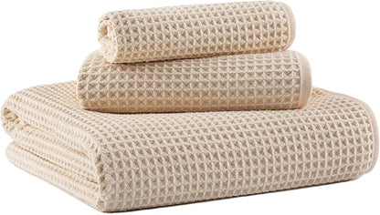 New Microfiber Waffle Bath Towels, 3 Pieces, Oversized, Soft, Absorbent, Fast Drying, Lint Free, Includes Bath, Face and Hand Towels (Champagne)