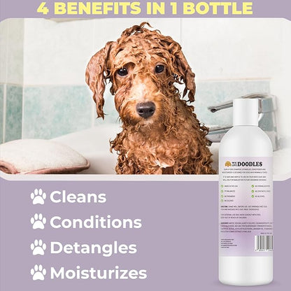 We Love Doodles Bundle 4-in-1 Non-Organic Dog Shampoo (Lavender & Chamomile) and Dog Bath Brush - Pet Rubber Brush for Shower Scrubbing & Soothing Massage, Essential Puppy Grooming Accessories