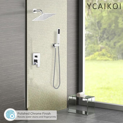 Chrome Shower System, 8 Inch High Pressure Rain Shower with Handheld, Wall Mount Shower Faucet Set for Bathroom, Rough-in Valve Body and Trim Included