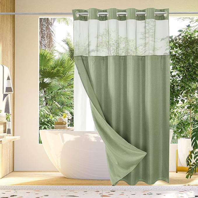 Gibelle No Hook Waffle Weave Shower Curtain with Snap-in Fabric Liner Set for Bathroom, Hotel Style with Mesh Top Window, Waterproof & Washable, Sage Green, 72x74