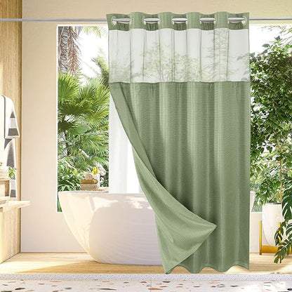 Gibelle No Hook Waffle Weave Shower Curtain with Snap-in Fabric Liner Set for Bathroom, Hotel Style with Mesh Top Window, Waterproof & Washable, Sage Green, 72x74